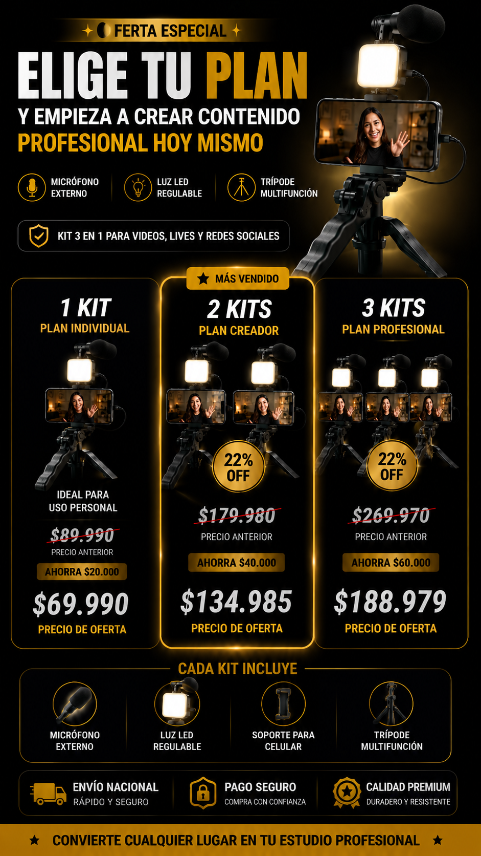 Lleva la calidad de las grabaciones a otro nivel con el KIT CREATOR PRO 3 en 1 ¡POR TAN SOLO $69.990 COMPRANDO YA!