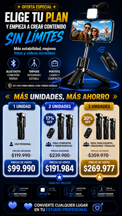 Lleva tus SELFIES y VIDEOS al siguiente nivel con TE Tripode Selfie ¡POR TAN SOLO $99.990 COMPRANDO YA!