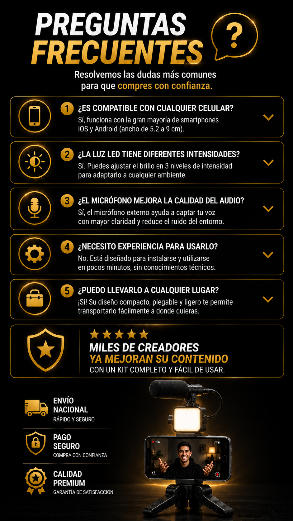 Lleva la calidad de las grabaciones a otro nivel con el KIT CREATOR PRO 3 en 1 ¡POR TAN SOLO $69.990 COMPRANDO YA!